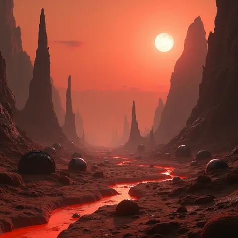  The surface of Mars covered with glowing craters, with remnants of an advanced civilization ,  such as destroyed cities and technological structures .
