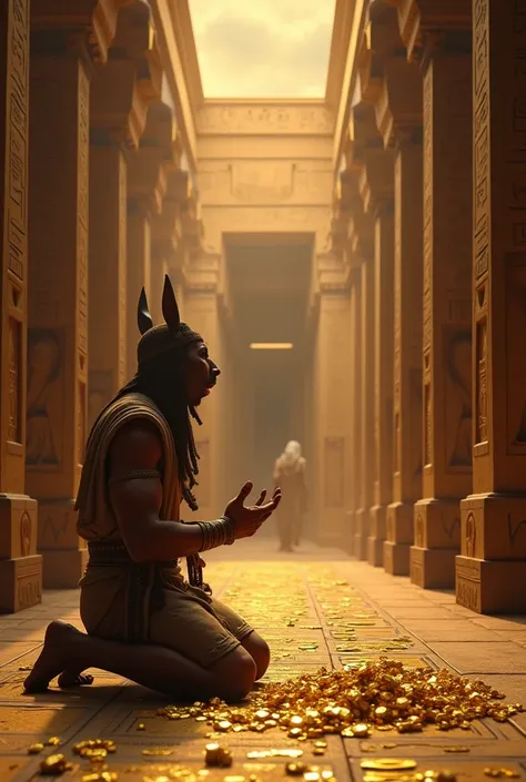  Khufu ,  with a desperate face and with an expression of supplication ,  offers gold and riches to Anubis while kneeling on the floor of an Egyptian temple, In the background Ammit approaches slowly ,  the temple is full of hieroglyphics and divine statue...