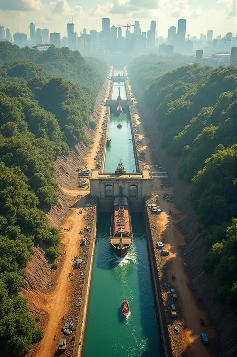  An image of the Panama Canal when it was being built and now as it is today. A before and after 