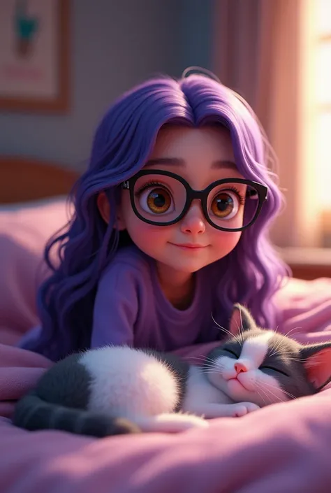 Pixar-style poster featuring a girl with long wavy purple hair ,  with light brown eyes ,  wearing black lenses and a purple sweatshirt sitting on a bed in a bedroom with a white and gray cat sleeping next to her and the girl watching her cat