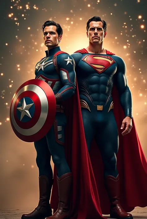 Make me a picture of Captain America handsome young adult strong holding his shield with one hand on his waist and behind handsome young adult Superman showing his strong arms both together and behind a background of golden stars in 
Full HD 