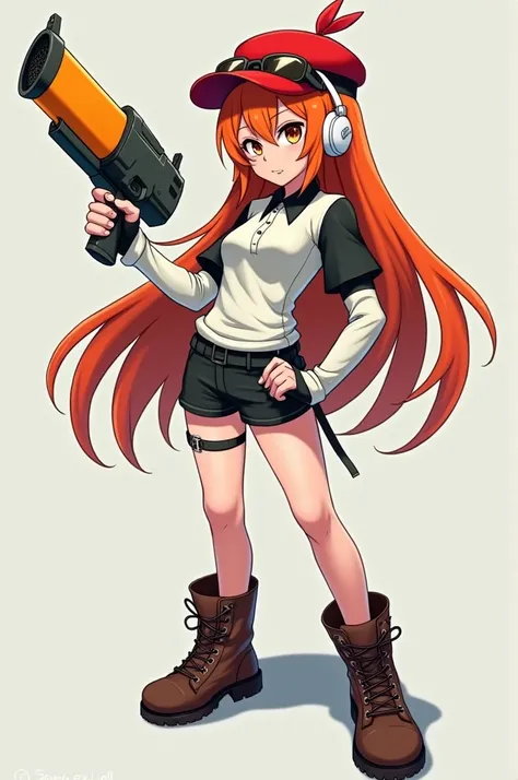  You have a girl with long orange hair wearing a cool red hat, brown eyes, Punk lenses ,  Some white headphones ,  A green water gun ,  And a white shirt with long sleeves in light black ,  also with double short sleeves ,  some short black shorts and brow...