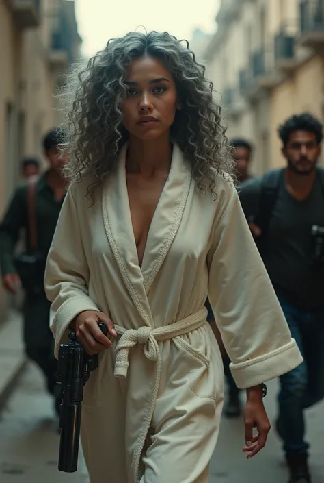 Extremely photorealistic A beautiful youthful looking Filipino version of Ariana Grande as a 50 years old woman with long curly completely gray hair as the superhero Daisy Johnson from Agents of S.H.I.E.L.D wearing a bathrobe hold a gun in her hands pointi...