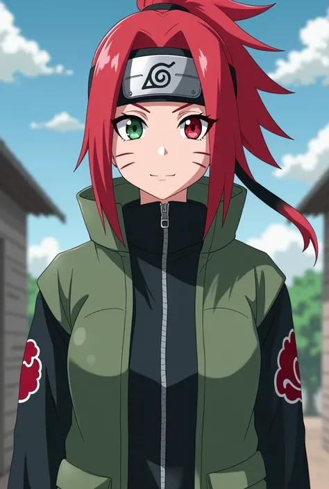 Oc from Naruto a woman with red hair tied to a ponytail and the back of her hair loose and a red eye and a green eye, full body and more attached to the anime with the Konoha band and their clothing 