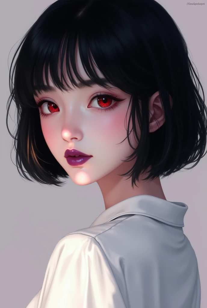  Beautiful short-haired girl with black hair is wearing a white shirt eye color red, lips are colored purple 