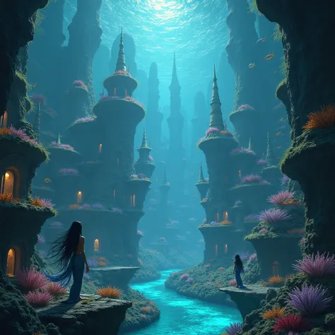  An illuminated underwater city ,  inhabited by mythological beings such as mermaids and creatures with octopus faces, hiding from the human world .