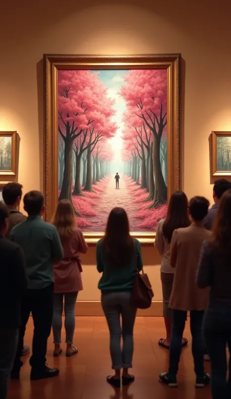 Create a Disney Pixar style medium shot of a group of people admiring a painting of the candy tree forest. The setting is an art gallery with soft lighting. The painting is centered, and the people are placed around it, gesturing in amazement. The point of...