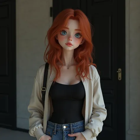 young girl, red-haired woman, blue eyes you can see slight wrinkles on the body and face hair perfect female body, perfect female body, big breasts  she is wearing a light jacket, black top, loose jeans and black shoes. he has one hand in his pocket, is ag...