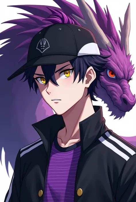 Make an anime-style man with no feminine features with black hair with a purple tuft, white skin with yellow eyes, wearing a black and white cap facing the front , black jacket with white stripes with a purple striped shirt and a purple dragon in the backg...