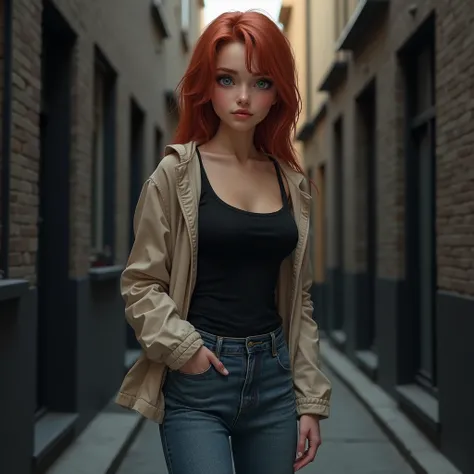 young girl, red-haired woman, blue eyes you can see slight wrinkles on the body and face hair perfect female body, perfect female body, big breasts  she is wearing a light jacket, black top, loose jeans and black shoes. he has one hand in his pocket, is ag...