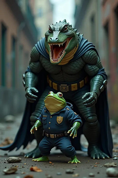 Create an image of a crocodile dressed as a vigilante eating a frog dressed as a police officer 