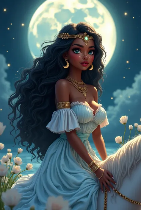  Chocolate Darkskin brownskin, Full moon, kissing the moon, High Resolution, curly/wavy Hair, Black Hair, Very Long Hair, layered gold Jewelry, Sparkle, Super Detailed, Messy Hair, medium Breasts, Crescent Earrings, Full-face Blush, big Red Lips, Sparkling...