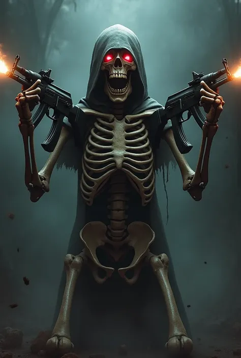 human skeleton holding the AK-47s in each while screaming}