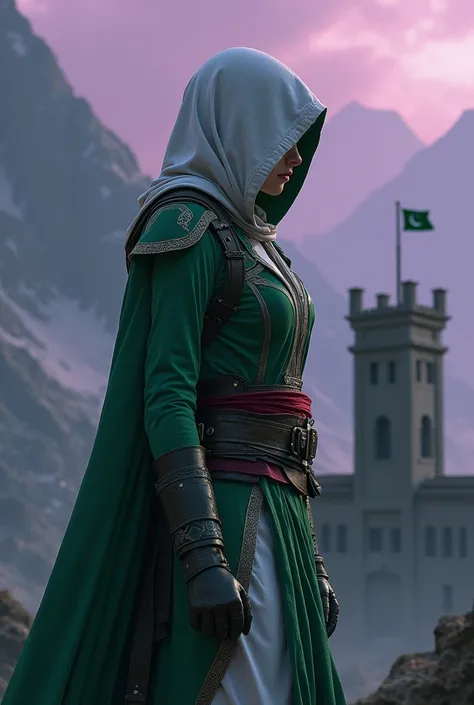 A Muslim woman like assassin from back wearing green and white assassins suit where sky is dark purple and the man is facing the masjid make a small pakistani flag on the top of masjid and dont show the face of man cover it in dark create a assassins creed...