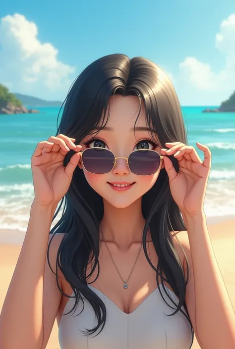 A korean girl with gry eyes in the beach smiling and putting sunglasses and putting her hair down and taking selfie 