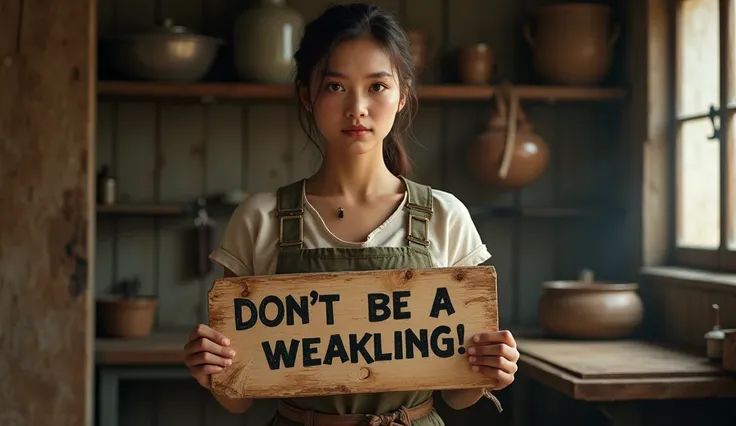 female servant with sign that says:DONT BE A WEAKLING!
