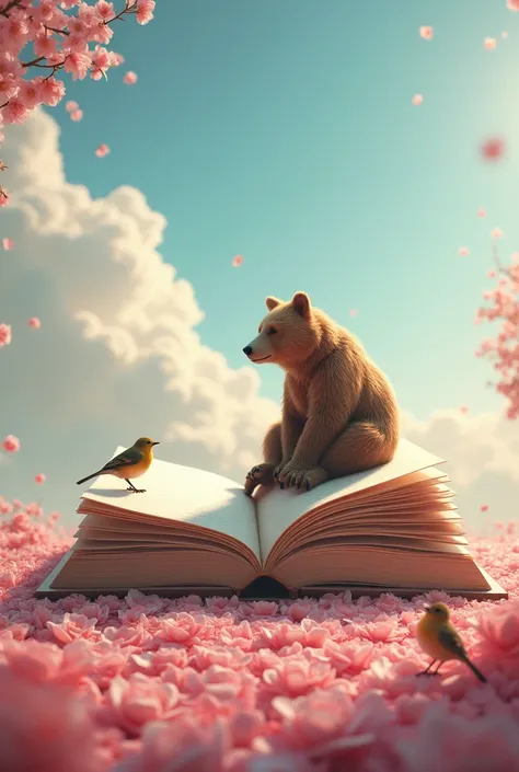 Un grand livre ouverts avec des pages blanche sur un tapis de rose le fond un ciel avec la grande ours poser sur le haut du livre deux mésanges 