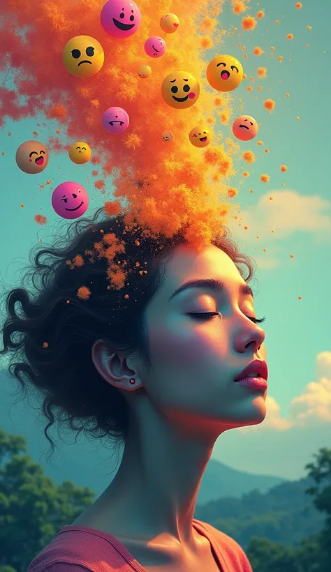 vector art, opaque colors.
texture of fine fabric.
background of nature.
outline, meditating figure head closeup looking at the horizon. telephoto. inside the head there is a bubbles of emojis.
