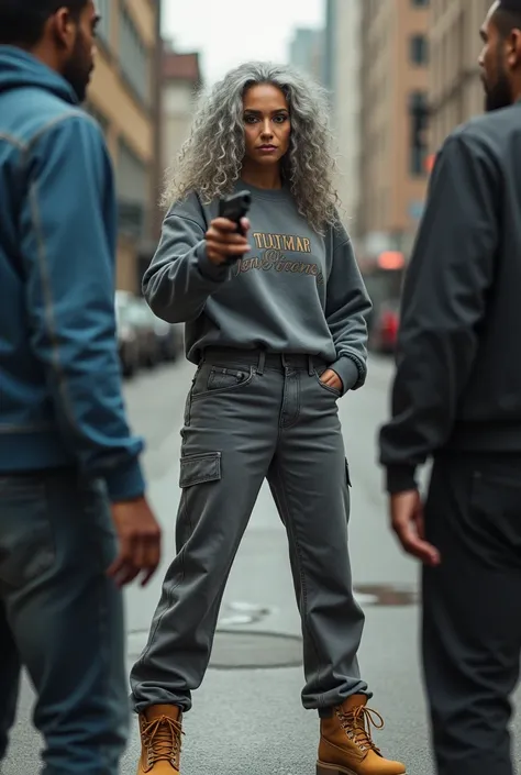 A sexy still very youthful gray haired 50 years old ariana grande with long curly completely gray hair she holds a glock, she is wearing high rise grey denim pants and a sweatshirt, timberland boots, her gun is pointed towards 2 young 23 years old men stan...