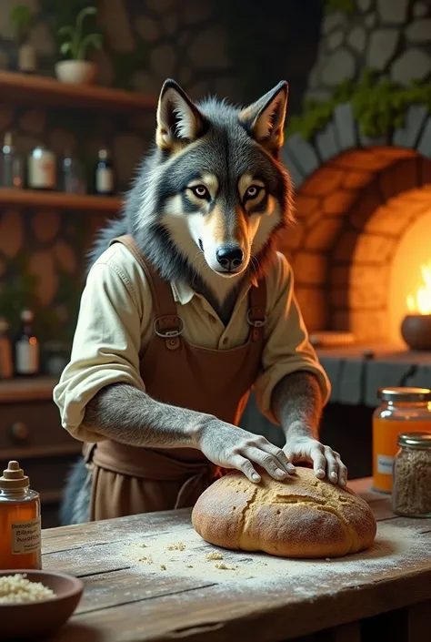 Generate a hyper-realistic, cinematic image of an anthropomorphic wolf named Wulfric, a rustic baker crafting a loaf of artisan sourdough bread in an enchanted forest bakery. Wulfric wears a simple linen apron dusted with flour, his fur slightly tousled. H...