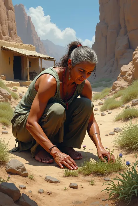 A woman cultivates the rocky ground behind her house,