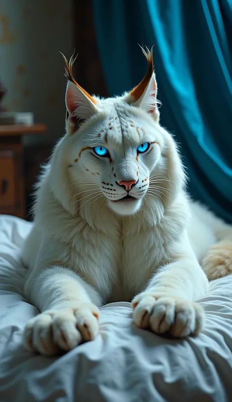 It generates an ultra realistic image of a white lynx, it is a scary giant with brown details on the ears, on the face and on some parts of the body and on the tail. If the eyes must be blue and emit a flamboyant blue light, he must be making a terrifying ...