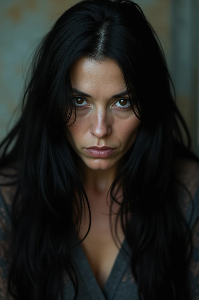  Realistic photo mature woman ,  long black hair, dark brown eyes ,  serious and unhinged look. 