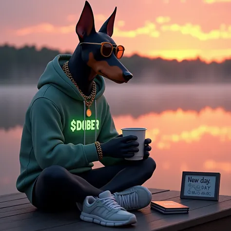 
A hyperrealistic image of a Doberman with a human body, sitting on a wooden dock by a tranquil lake during sunrise. He’s dressed in a casual hoodie with the $DOBER logo glowing faintly in green, paired with sleek sneakers, big golden necklacesand sunglass...