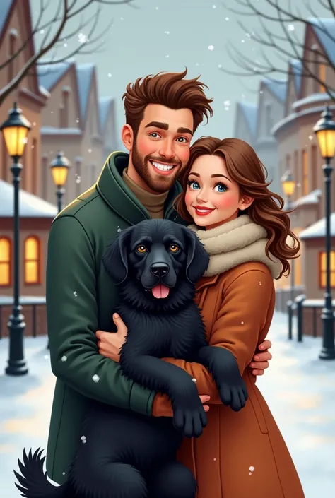  A Christmas card from a couple:  the tall boy with brown hair and eyes,  and the girl with light brown hair and blue eyes ,  with a big black dog with long hair and orange eyes,  in a winter setting in the city , kissing the dog 