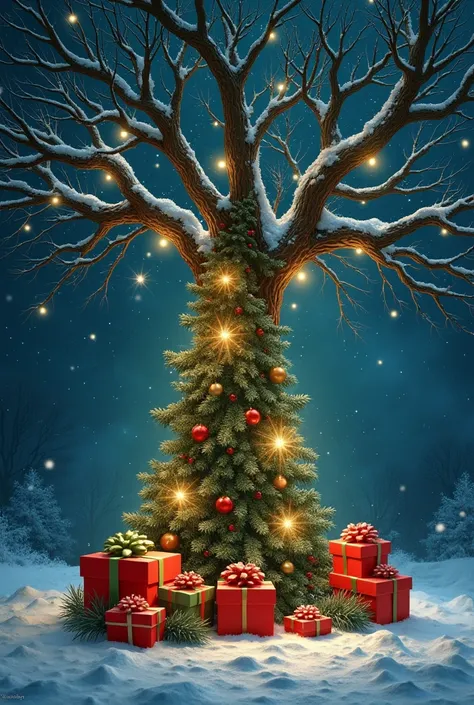 in the garden of eden,  a place with a big giant tree , decorated with a Christmas theme ,  that has snow and elves dancing all over the image,  this has to be at night ,  the gifts have to be with red and green paper  