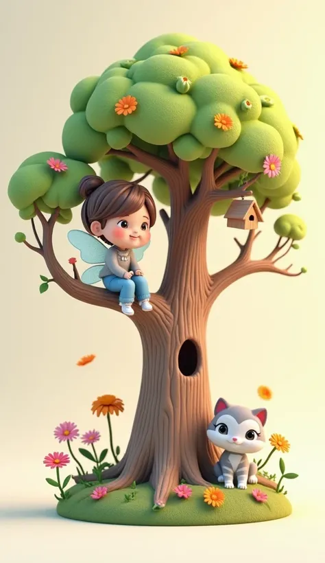  3d illustration of a cute  with beautiful clear fairy wings sitting on a tree branch with a cat.  The  is dressed in gray and blue clothes , as well as white shoes .  Next to the  ,  there is a cat with gray and white striped fur sitting on the trunk .  T...