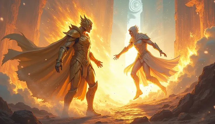 Image 2:
 A fierce fight between two Guardians ,  one in golden armor and the other with an ethereal cloak , with time magic being invoked ,  forming glowing circles around .  Bursts of energy shatter reality ,  and fragments of images from the future and ...