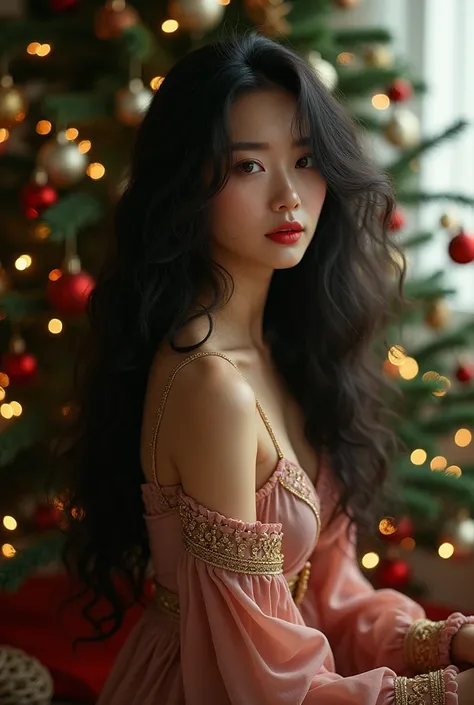 A vietnamese girl with long black curly hair, tall and thin, vintage Christmas style, is sitting next to a Christmas tree