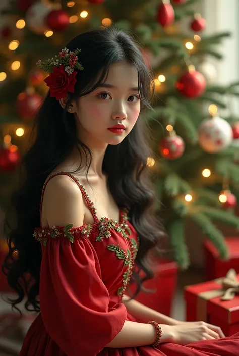 A vietnamese girl with long black curly hair, tall and thin, vintage Christmas style, wearing red and green dress, is sitting next to a Christmas tree.