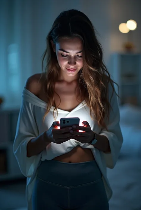 A woman in leggings and a top with flowing hair looks at the phone screen in her hand that hypnotizes her, Shes pleased (She has nothing but leggings and a top)