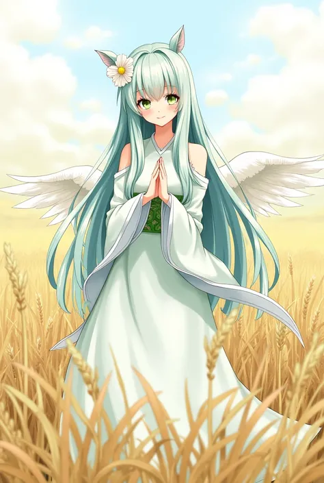 masterpiece, best quality, ultra highres, detailed illustration, portrait, detailed, 1girl standing in wheat field, solo, long hair, dress, flower, white hanfu, smile, full body, white flower, bare shoulders, very long hair, aqua hair, closed mouth, facing...