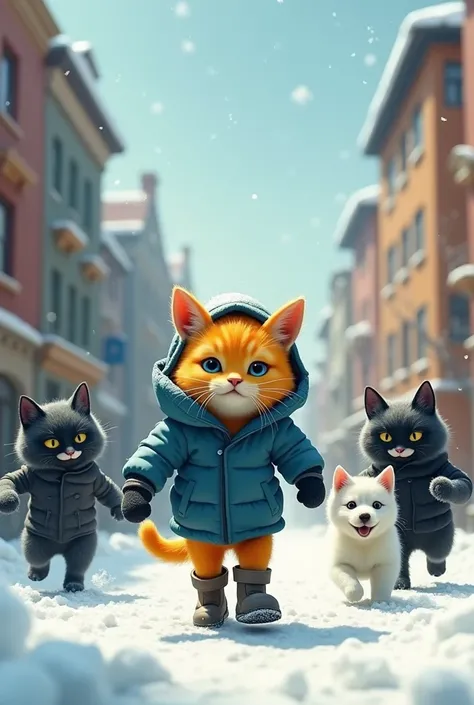 A yellow cat wearing a blue thick jacket, boots and a hat is walking on two legs in the snow on the street, and in front of him, two gray cats wearing black masks and black clothes attack him, chasing him. And next to the yellow cat is a white miniature pu...