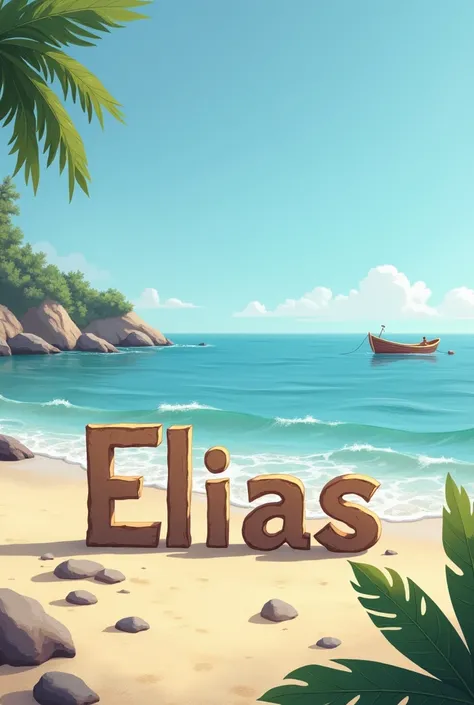 Mot "Elias" écrit en lettre originales sur la.plage, avec la mer et un bateau en fond.
Limage est en longueur