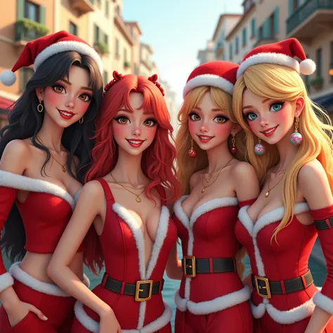  Female pop group of 4 girls of different looks brunette blonde redhead and bald girls,  dressed in Christmas costumes happy smiling at European appearance 