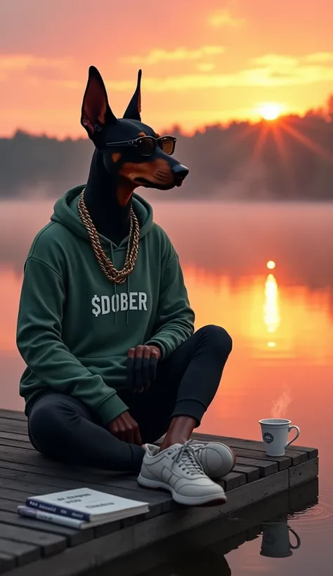 
A hyperrealistic image of a Doberman with a human body, sitting on a wooden dock by a tranquil lake during sunrise. He’s dressed in a casual hoodie with the $DOBER logo faintly in green #b6f500, paired with sleek sneakers, big golden necklacesand sunglass...