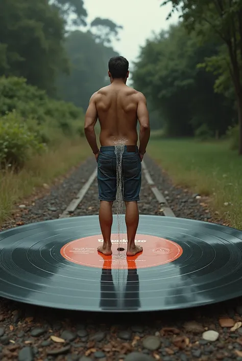 Man with his back making a urine stream in a long play thrown on the ground written in the center of the disc "Caetano Veloso"