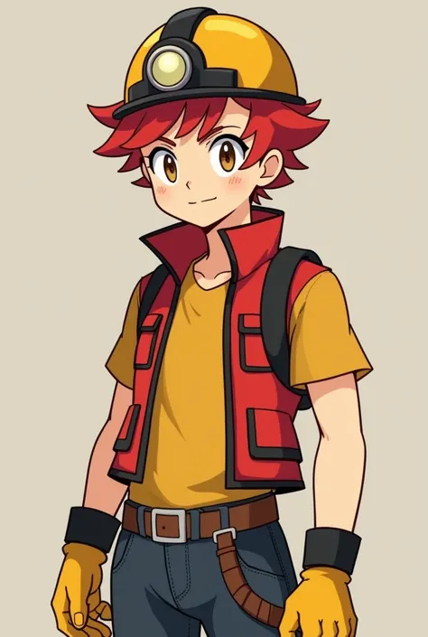 Pokémon trainer Cabello :  has short hair ,  messy and bright red color ,  which gives him a youthful and energetic appearance .
eyes: Her eyes are big and brown,  showing an air of determination and confidence .
outfit:  He wears functional attire suitabl...