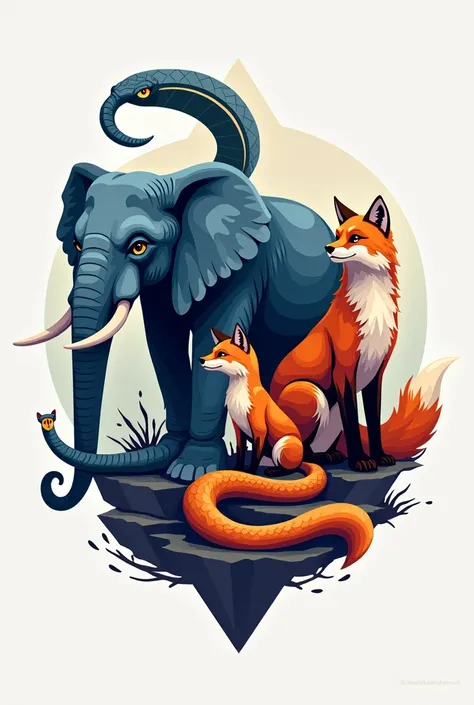  a logo that involves an elephant representing the programming language php ,  a snake representing the programming language python  , a fox and a cat representing the owners of the company 