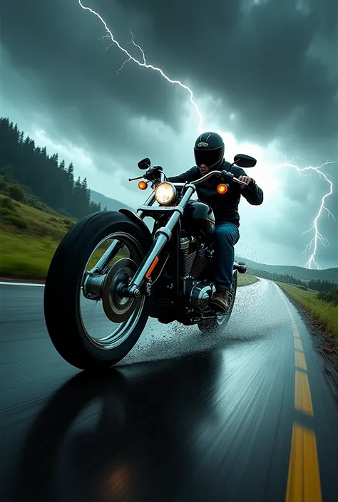 Play a 2012 Harley Davidson Dayna going up a road on a very realistic afternoon with lightning striking on the side 