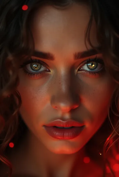 A close up of a seductive look  (woman)  with the reflections of the zodiac sign symbols in the eyes .  The background is dark and slightly blurred ,  with shades of red and gold to convey mystery and passion.