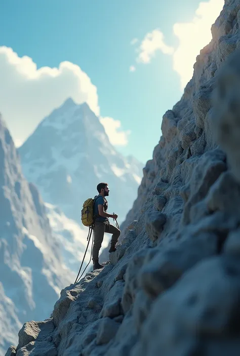 **Ali Beginning His Climb**: Ali, a small figure compared to the massive mountain, starts his climb. He is equipped with simple climbing gear and shows a focused expression as he begins to scale the steep, rocky path 3d animate