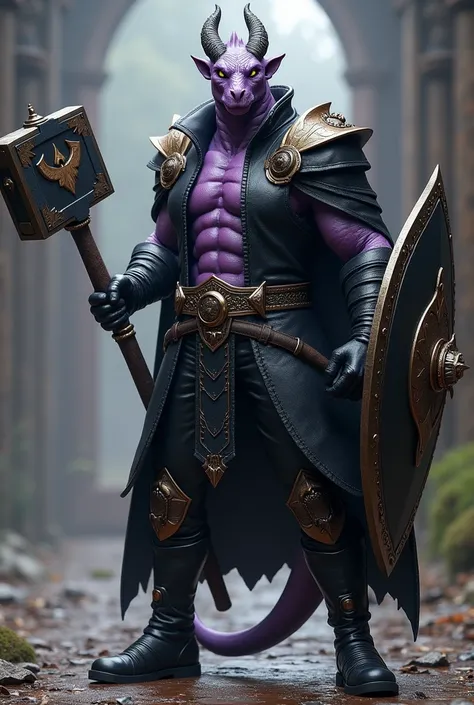 Create an image of a lilac draconid from Dragons and Dungeons dressed in a closed black leather jacket and black leather pants, boots , a large hammer with the Tymora logo on one hand and a shield with the Tymora logo on the other hand . without horns.