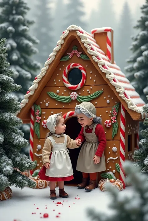 Granny pastry and her granddaughter entering a gingerbread house, realistic photo