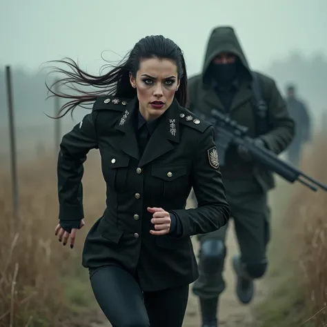 A dark gothic military female in ordinary uniform with gothic military jacket with military insignia and black leggings and dark gothic makeup while running away with a desperate fear expression   chased by an enemy strangler assassin with his face covered...