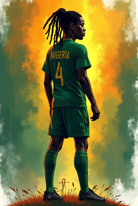 Petit Footballeur Lookman nigerian noir avec des locks mi-hauteur vu de dos avec un signe chrétien stylé. Style Fond décran 